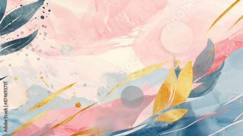 Dynamic Abstract Composition with Blue, Pink, and Gold Leaves.