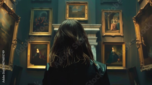 Woman admiring paintings in an art gallery photo