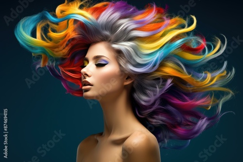 Captivating woman with vibrant, multicolored hair flowing freely, embodying energy and creativity