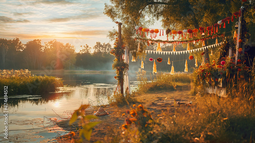 Scenic shot of a festival like Ivana Kupala with elaborate decorations with copy space