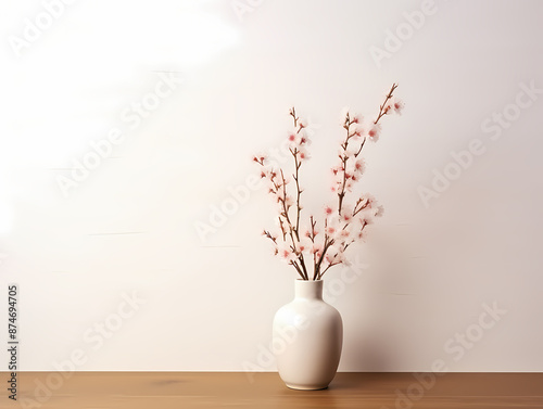 Elegant white vase with beautiful cherry blossom branches on a wooden table against a plain background. © Izzain