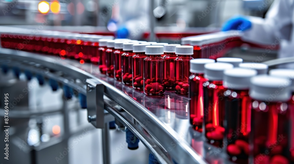 Close-up of a pharmaceutical production line with red pill bottles moving along a conveyor belt in a high-tech facility.