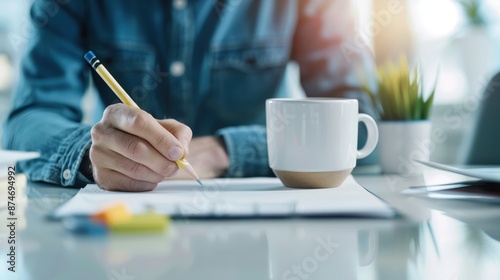 Close-up of a person's hand writing with a pencil in an office, with a coffee cup and stationery on the desk.