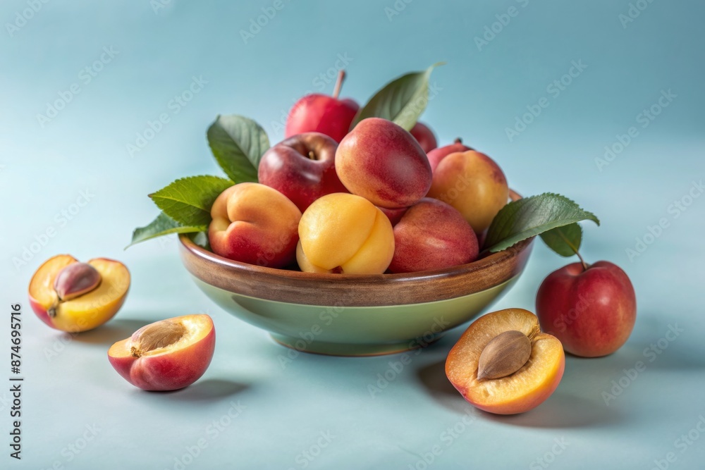 A bowl of fruit with a green bowl and a blue background A bowl of fruit with a green bowl and a blue background