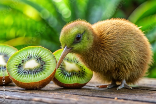 A baby bird is eating a kiwi fruit