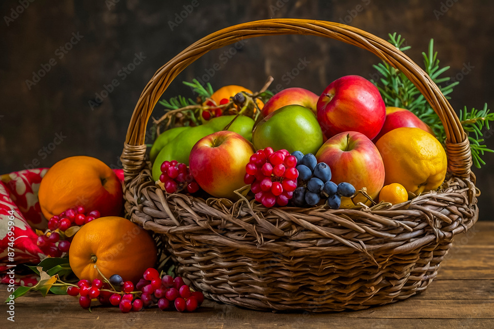 Basket with apples, grapes and other fruit as a home decor for Thanksgiving Basket with apples, grapes and other fruit as a home decor for Thanksgiving