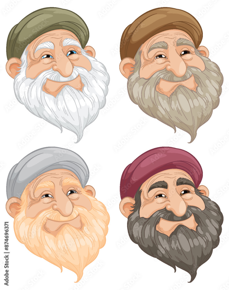 Four elderly men with different colored beards Four elderly men with different colored beards