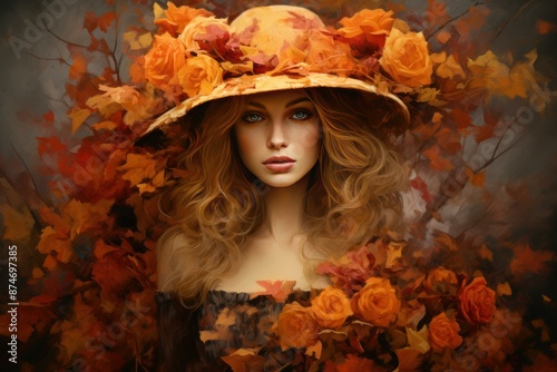 Artistic portrait of a woman with a stylish hat adorned with autumn leaves and flowers © juliars