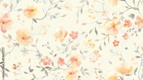 A delicate floral pattern with intricate blossoms and leaves, perfect for adding a touch of elegance and femininity to wallpapers and fabrics.