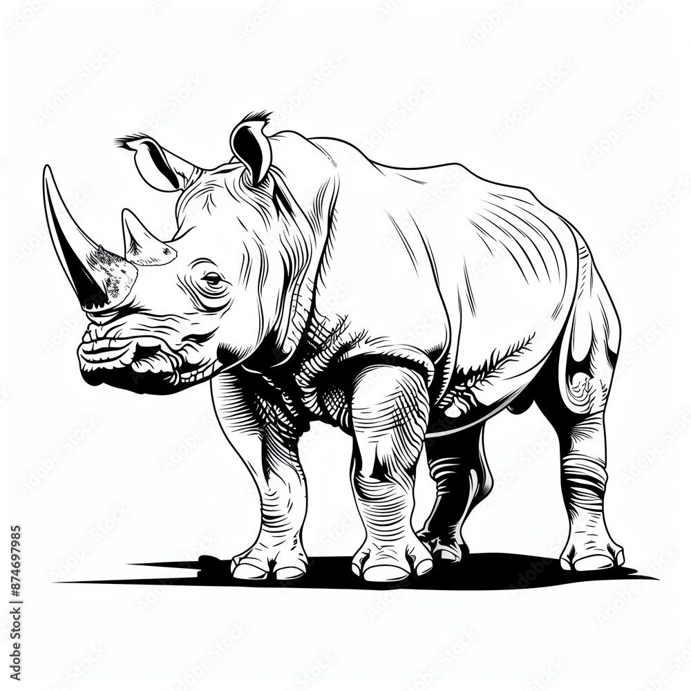 Fototapeta premium A realistic line art style image of a rhinoceros on a white background