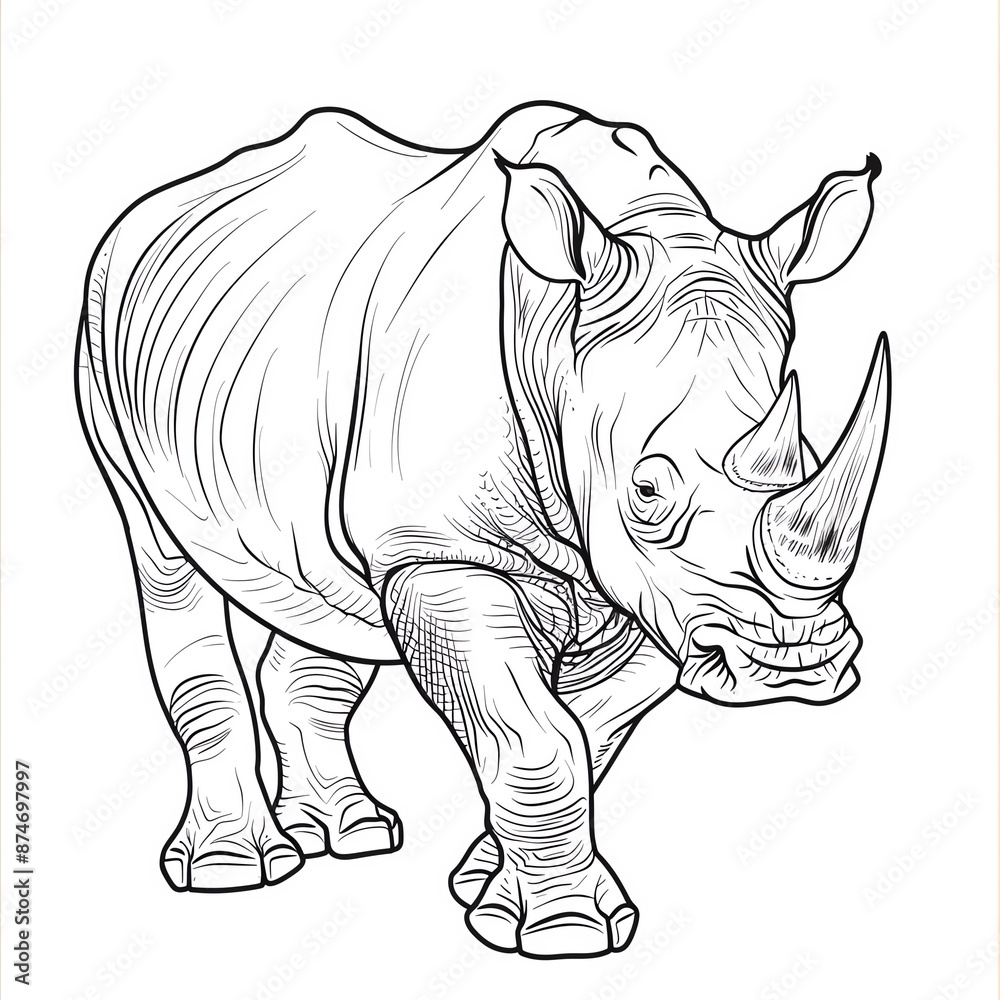 Fototapeta premium A realistic line art style image of a rhinoceros on a white background