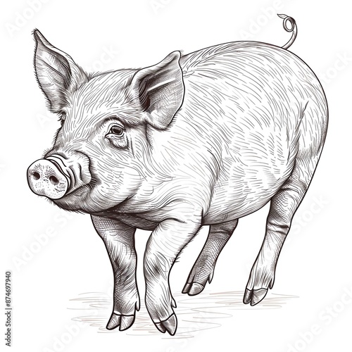 Wallpaper Mural A realistic line art style image of a pig on a white background Torontodigital.ca