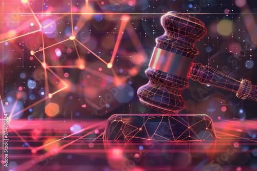 A digital representation of a gavel entwined with wires symbolizes the intersection of technology and law against a backdrop suggestive of data flow. photo