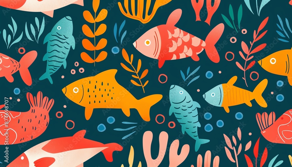 Colorful underwater illustration with various fish species swimming among corals and plants, featuring vibrant patterns and designs.