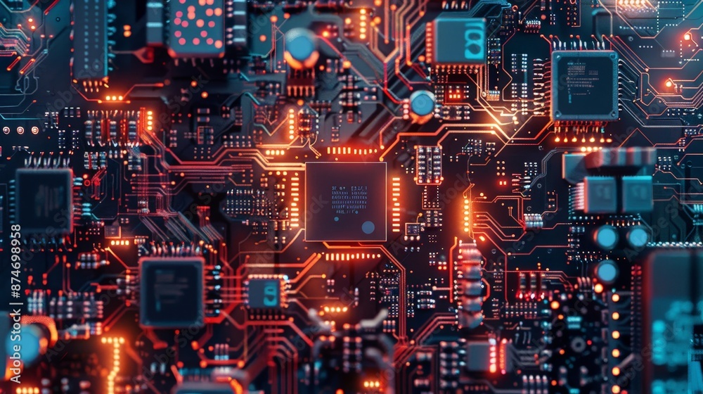 A detailed microchip with intricate circuits and components, representing the core technology that powers modern electronics. A detailed microchip with intricate circuits and components, representing the core technology that powers modern electronics.