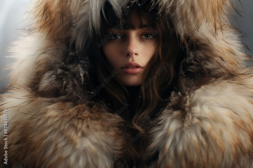 Close-up of a young woman with striking eyes wearing a fluffy fur hood Close-up of a young woman with striking eyes wearing a fluffy fur hood