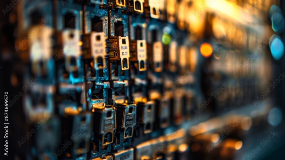 A closeup of a fuse boxs breaker switches each labeled and positioned in a neat row. A closeup of a fuse boxs breaker switches each labeled and positioned in a neat row.