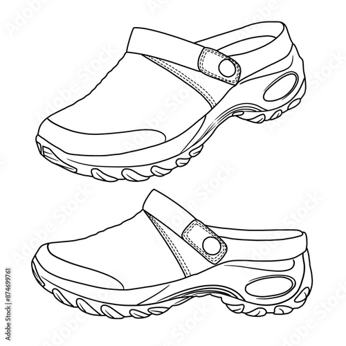 Women's Mesh fabric Mules air cushion Sandals Line art, Technical sketch hand drawing outline vector doodle illustration various view, isolated on white background