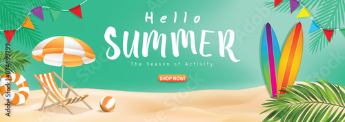 3d refreshing Colorful Summer sale promotion banner with summer tropical beach vibes decoration background