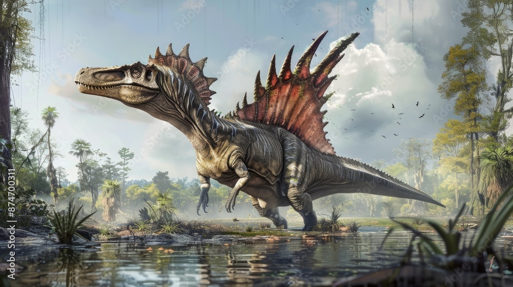 Fierce Spinosaurus Stalking Through Primordial Swamp Gritty Realism High Contrast