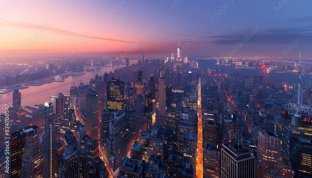 Obraz premium A breathtaking aerial view of a bustling cityscape at dusk with illuminated skyscrapers, glowing streets, and a colorful horizon in the background.