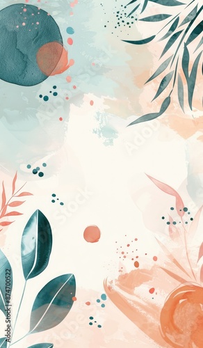 Abstract Watercolor Floral Background with Teal and Coral Leaves.