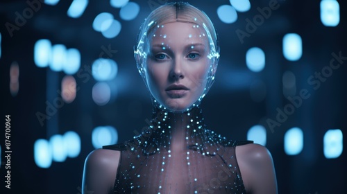 Futuristic woman with glowing sphere helmet