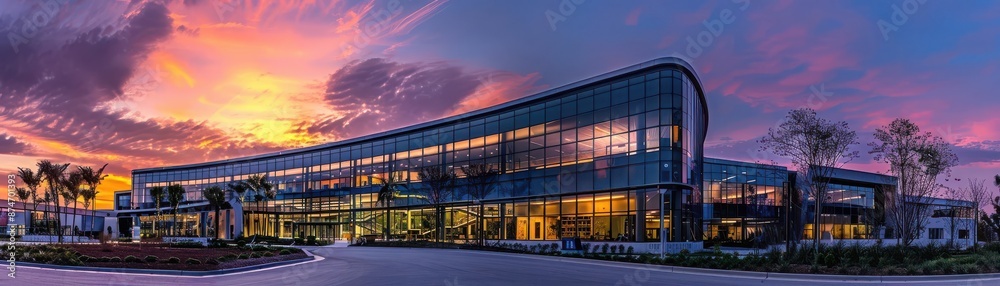 Modern glass building at sunset with dynamic cloud formations creating a vibrant and colorful urban landscape. Modern glass building at sunset with dynamic cloud formations creating a vibrant and colorful urban landscape.