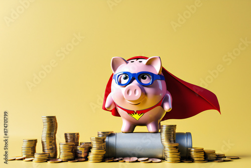 Superhero piggy bank with coins. save money and become a hero concept.