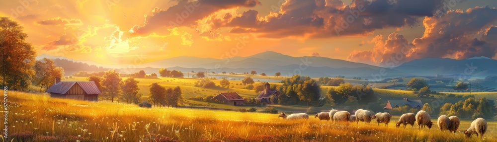 Fototapeta premium Tranquil countryside scene at sunset with a flock of sheep grazing on a golden meadow, rolling hills, and a distant farmhouse under a vibrant sky.
