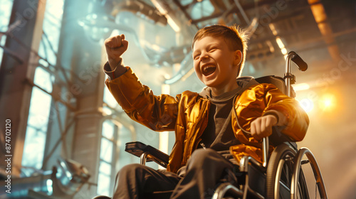 A disabled boy in a wheelchair raises his fist up in a sign of struggle with his disease. The scene is bright and cheerful, the boy is happy