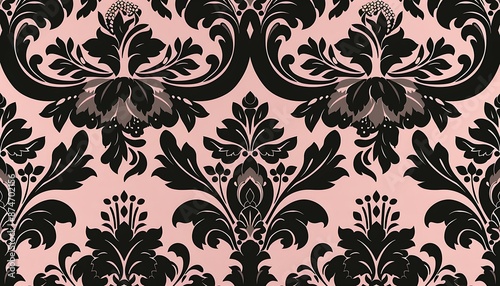 Vintage seamless black floral pattern in soft pink and black with elegant designs, vector illustration