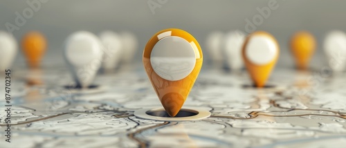 Close-up of a yellow location pin on a map, highlighting a specific point among other pins, representing navigation and pinpointing locations.