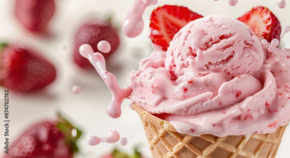 Delicious strawberry ice cream in a waffle cone Delicious strawberry ice cream in a waffle cone