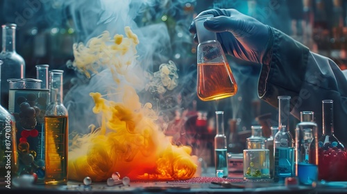 Scientist conducting chemical experiment in laboratory with colorful reaction in beakers, creating vibrant smoke and fumes. photo