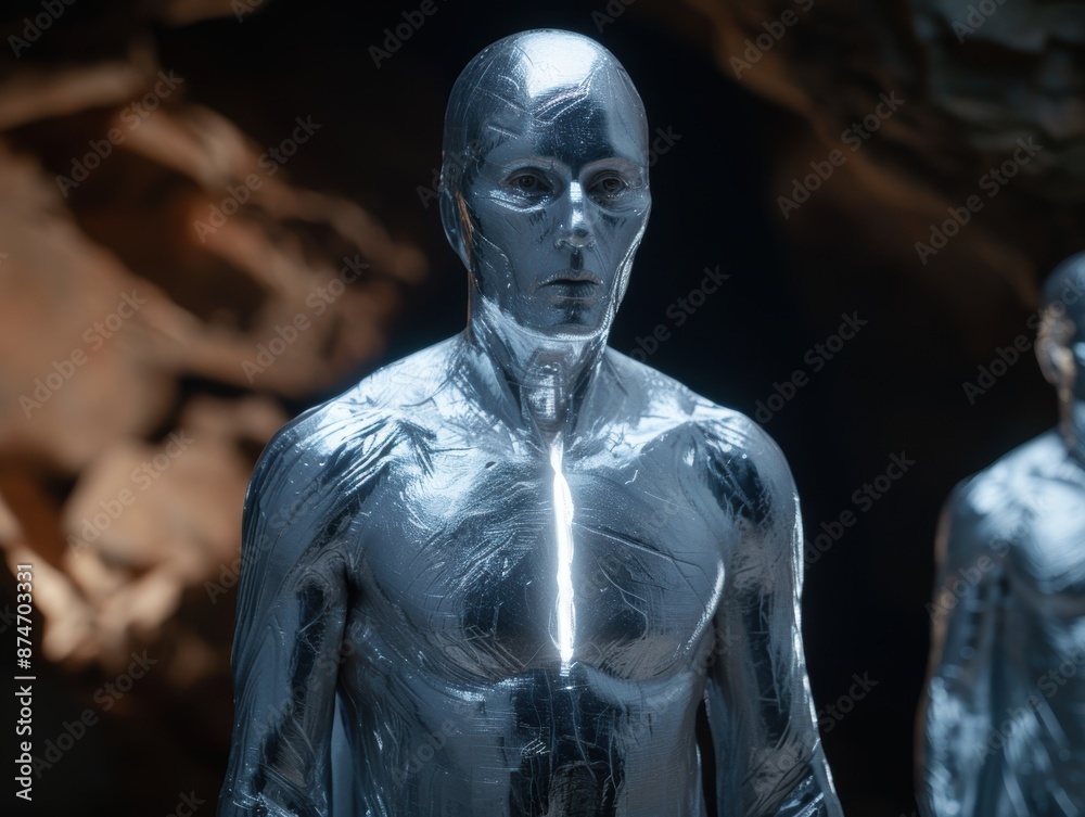 Futuristic cyborg figure in dark environment Futuristic cyborg figure in dark environment