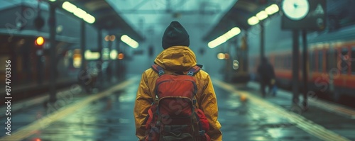 Traveler in a yellow jacket and backpack at a dimly lit train station on a rainy evening, reflecting a sense of adventure and solitude.