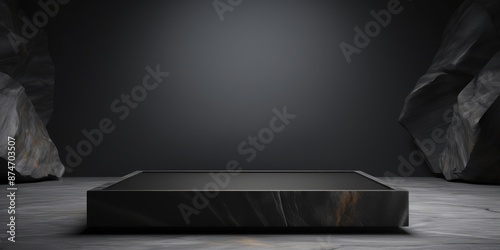 Dark and mysterious 3D rendered stone pedestal or stage with spotlight for displaying products photo