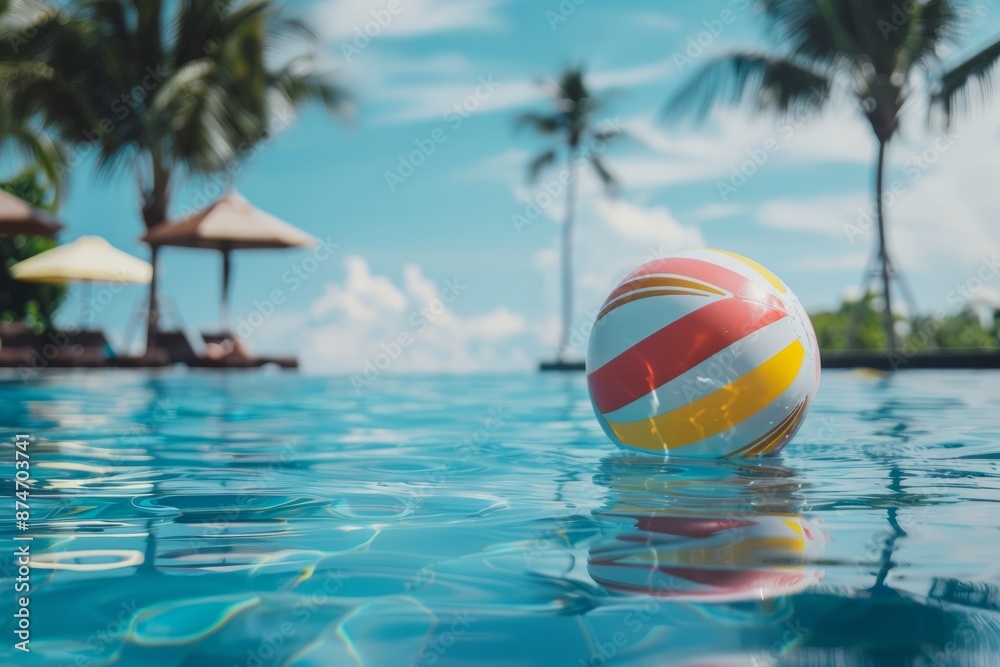 Summer holidays background with colorful beach ball floating on luxury swimming pool and copy space Summer holidays background with colorful beach ball floating on luxury swimming pool and copy space