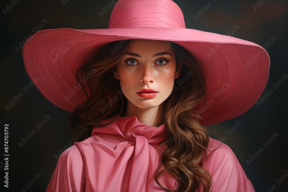 Portrait of a stylish woman with striking blue eyes and a wide-brimmed pink hat Portrait of a stylish woman with striking blue eyes and a wide-brimmed pink hat