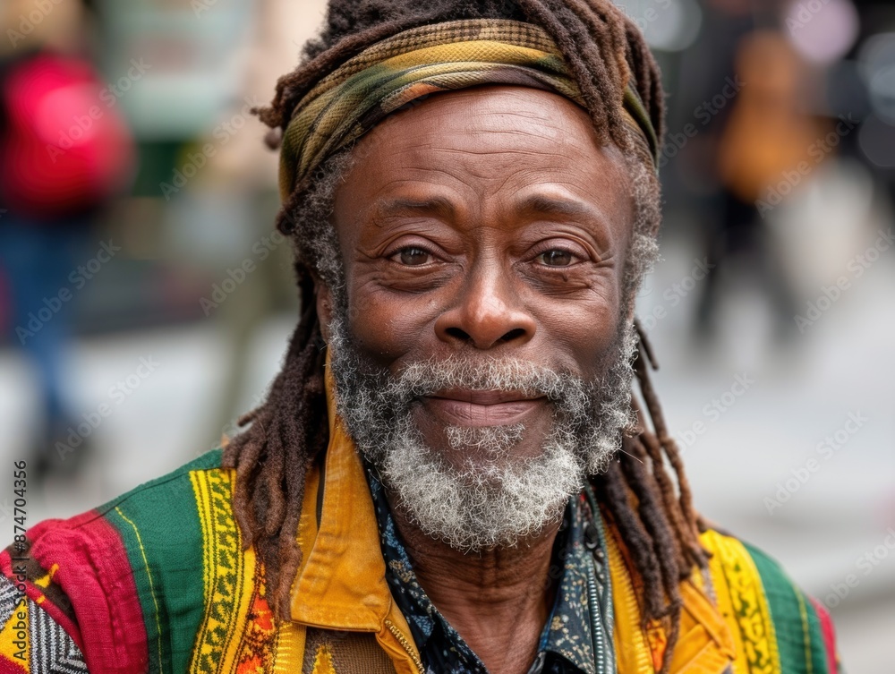 Vibrant portrait of a smiling older man with dreadlocks Vibrant portrait of a smiling older man with dreadlocks