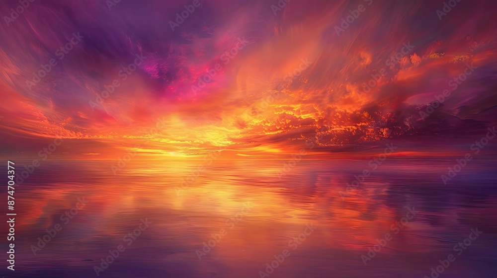 Naklejka premium Vibrant Sunset Landscape Reflecting Celestial Hues in Serene Body of Water