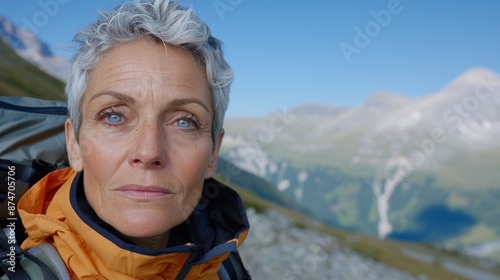 Mature woman in outdoor adventure gear with mountain landscape © Balaraw