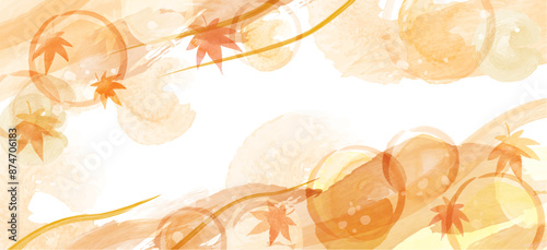 オレンジ　水彩　秋の紅葉背景素材