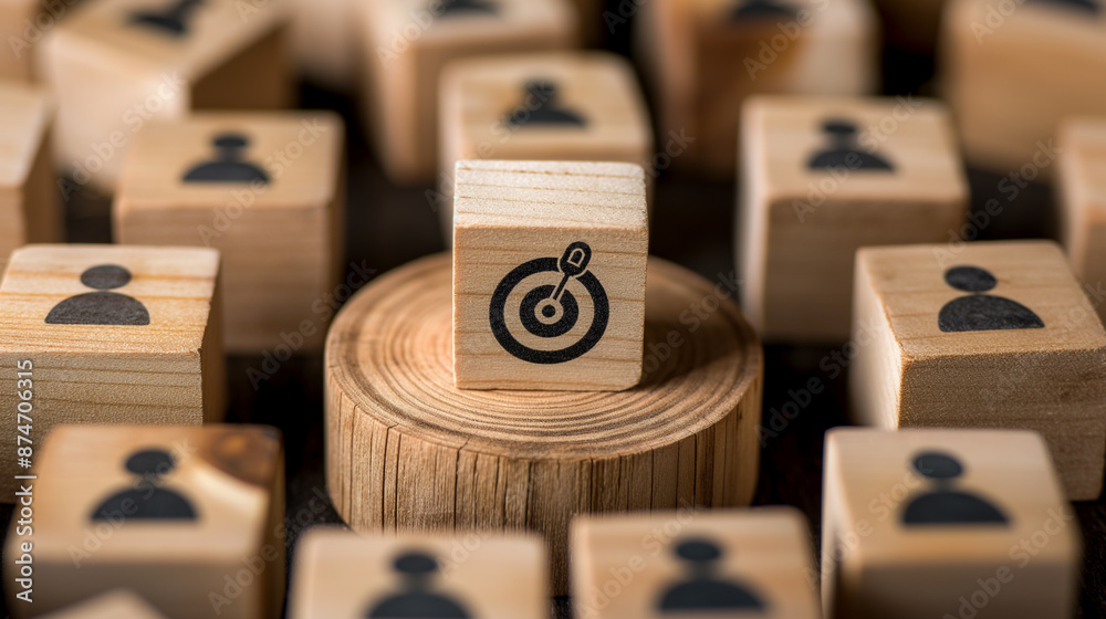 Wooden blocks with black icons on wooden base Wooden blocks with black icons on wooden base