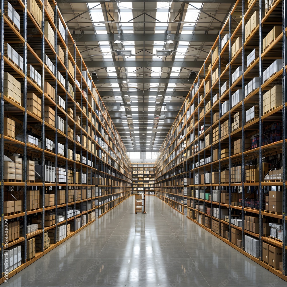Vast Warehouse Interior with Rows of High Storage Shelves Vast Warehouse Interior with Rows of High Storage Shelves