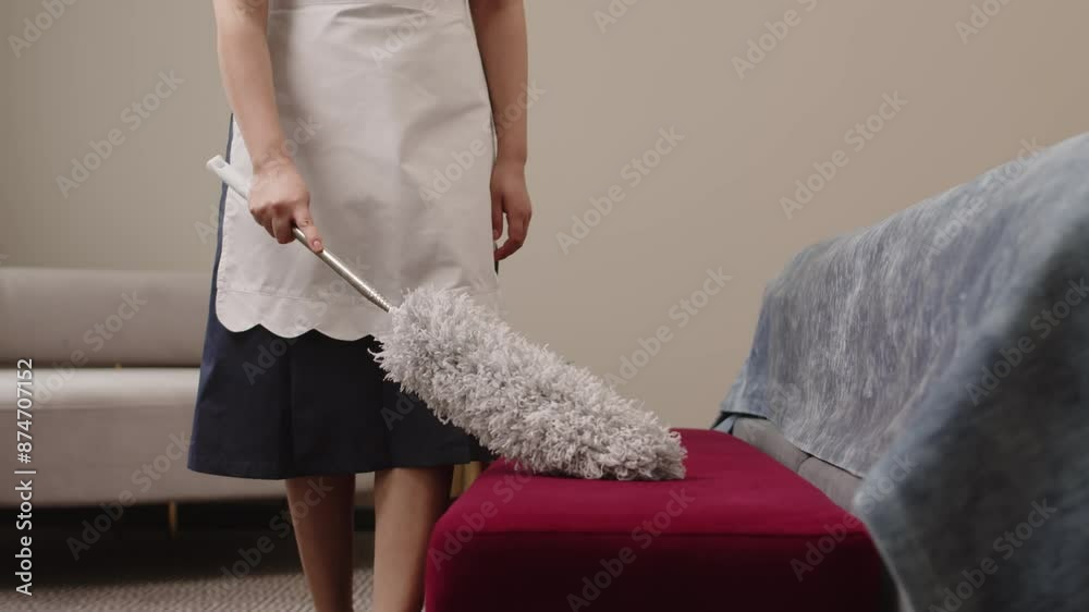 Cropped shot of unrecognizable maid in uniform using pp duster on red velvet banquette beside bed while cleaning modern hotel room