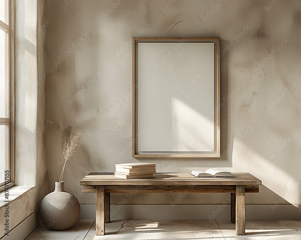 mock up wall art painting on the wall in the room with minimal cozy wabi sabi farmhouse decor, interior design with neutral color theme mock up wall art painting on the wall in the room with minimal cozy wabi sabi farmhouse decor, interior design with neutral color theme