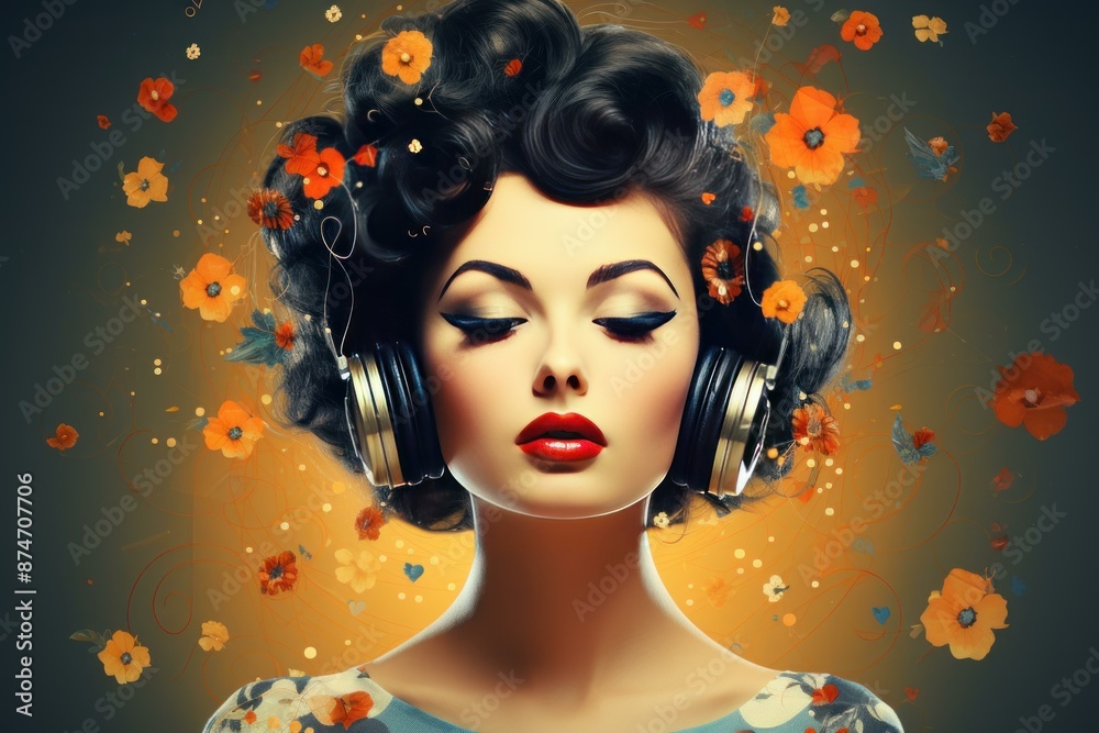 Stylish woman with retro hairstyle enjoys music on headphones surrounded by flowers Stylish woman with retro hairstyle enjoys music on headphones surrounded by flowers