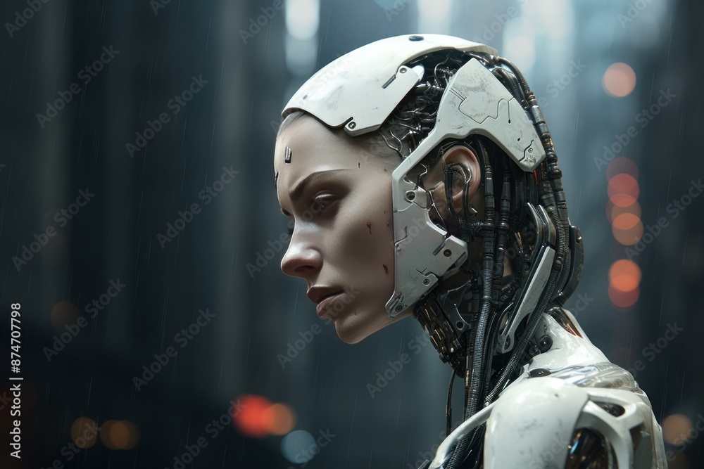 Side view of a realistic female android with exposed mechanical parts, set against a rainy backdrop Side view of a realistic female android with exposed mechanical parts, set against a rainy backdrop